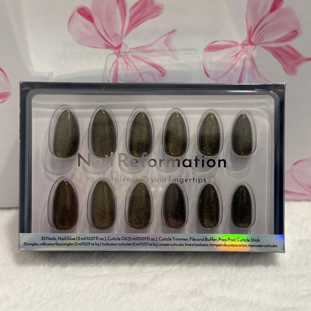 Nail Reformation Press On Nails Almond Olive Green Metallic Finish‎ 32 Nails